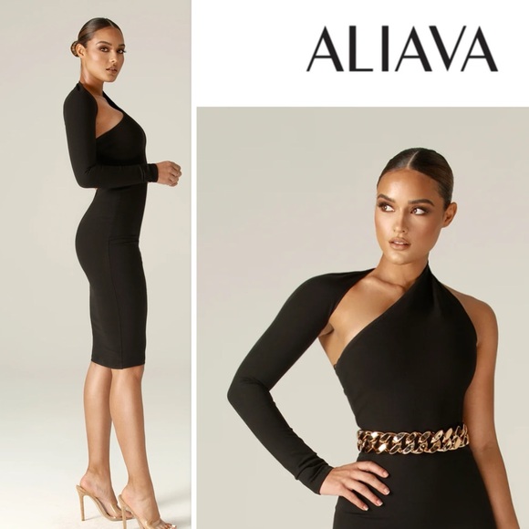 ALIEVA DASHA MODERN ASYMMETRICAL ONE SLEEVE MIDI DRESS IN BLACK Size XXL - Picture 2 of 12